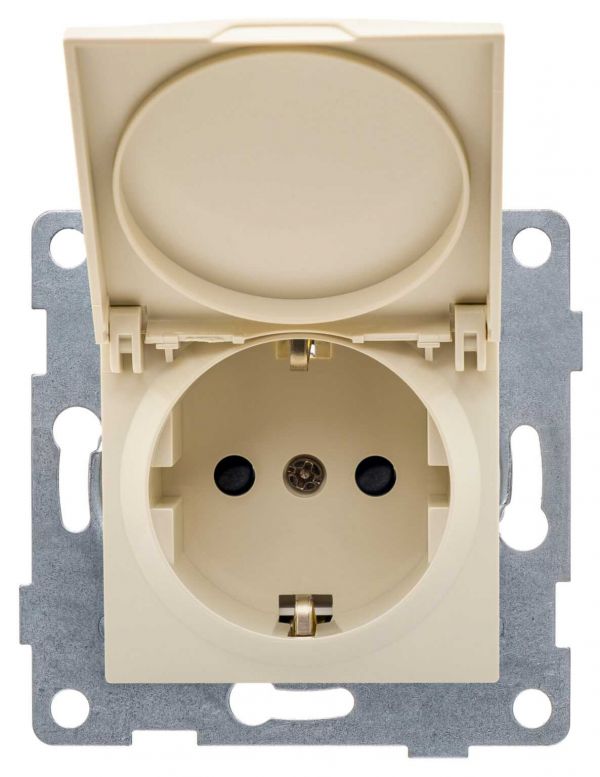 Розетка однопостовая Ugra с/з с з/ш и крышкой, механизм, в комплекте с кожухом IP44 К502, 16А, 250В, бежевый