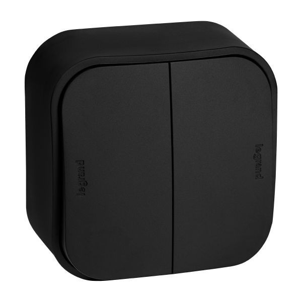 Выключатель 2-клавишный для открытой установки проходной 10А черный матовый QUTEO