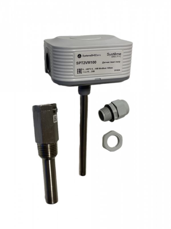 Датчик температуры погружной, 0...+100 град 0...10В RS485/Modbus 100мм ~24В±20%/=15...35В с гильзой 50мм