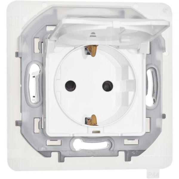 Розетка 1-местная с заземлением с защитными шторками и крышкой 16А IP44 белый INSPIRIA