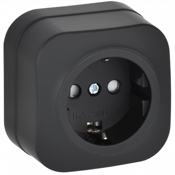 GLORY Розетка 1-местная для открытой установки с заземлением с защитными шторками 16А РСш20-3-ХЧм черный матовый IEK