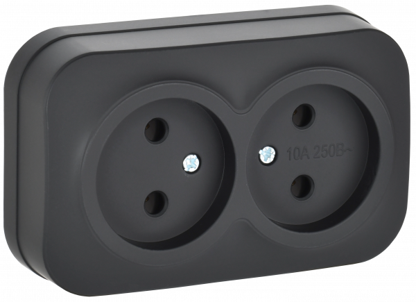 GLORY Розетка 2-местная для открытой установки без заземления без защитных шторок 10А РС22-2-ХЧм черный матовый IEK