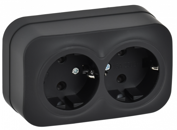 GLORY Розетка 2-местная для открытой установки с заземлением без защитных шторок 16А РС22-3-ХЧм черный матовый IEK