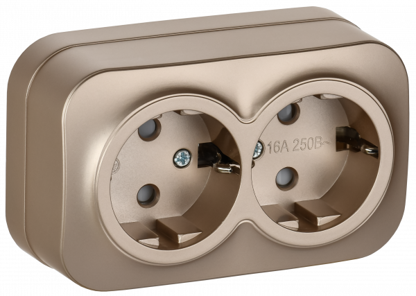 GLORY Розетка 2-местная для открытой установки с заземлением с защитными шторками 16А РСш22-3-ХШм шампань матовый IEK