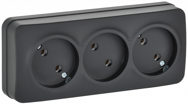 GLORY Розетка 3-местная для открытой установки без заземления без защитных шторок 10А РС23-2-ХЧм черный матовый IEK
