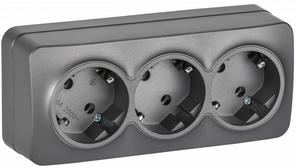 GLORY Розетка 3-местная для открытой установки с заземлением без защитных шторок 16А РС23-3-ХСм сталь матовый IEK