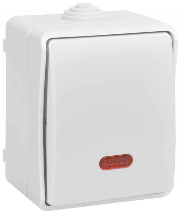 FORS Выключатель 1-клавишный проходной с индикацией для открытой установки 10А IP54 ВС20-1-1-ФБ белый