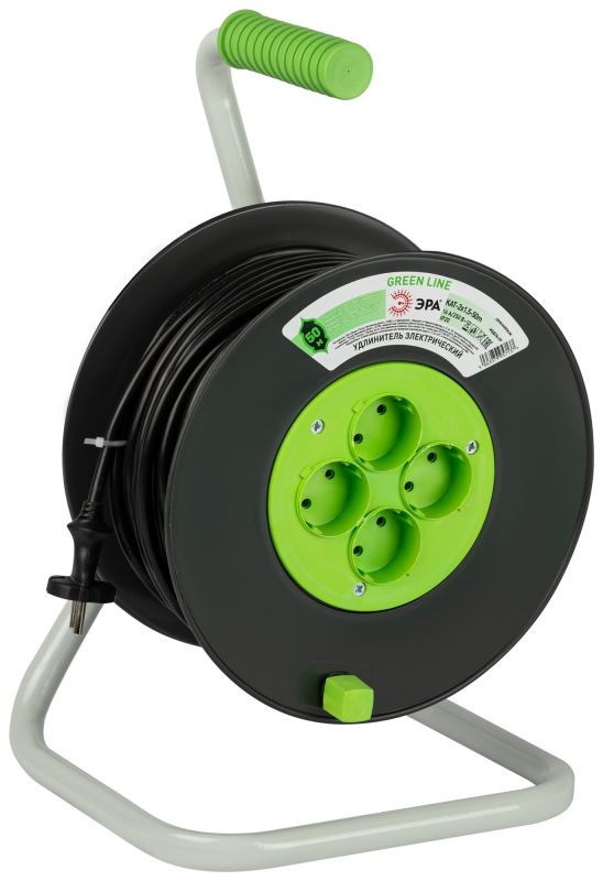 Удлинитель силовой на катушке пластик 4 розетки без заземления 50 м ПВС 2x1.5мм2 GREEN LINE KAT-2x1.5-50m