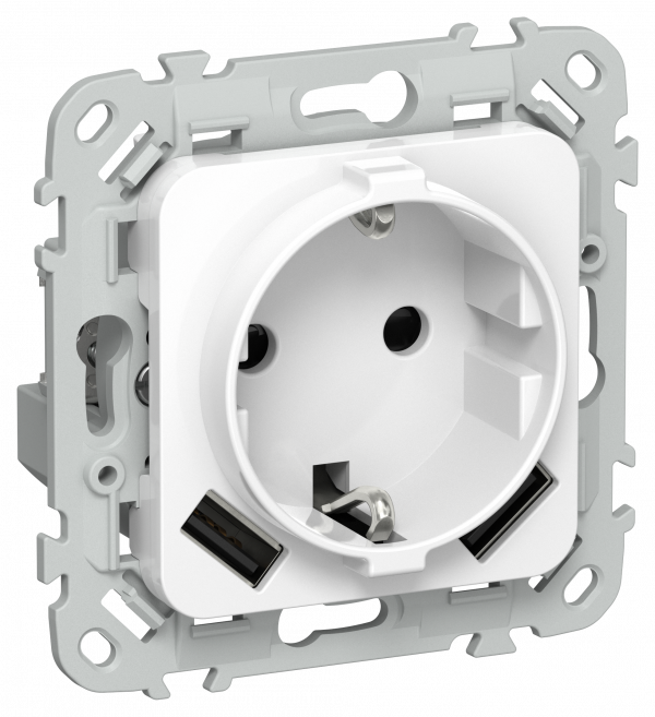 FLITE Розетка 1-местная с заземлением с защитными шторками 16А с USB A+A 3,1А безвинтовое крепление РСЮша11-1-ФлБ белый IEK