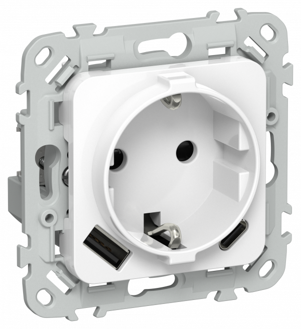 FLITE Розетка 1-местная с заземлением с защитными шторками 16А с USB A+C 20Вт безвинтовое крепление РСЮшс11-1-ФлБ белый IEK