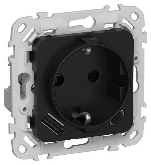 FLITE Розетка 1-местная с заземлением с защитными шторками 16А с USB A+C 20Вт безвинтовое крепление РСЮшс11-1-ФлЧ черный IEK