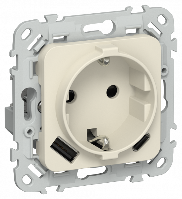 FLITE Розетка 1-местная с заземлением с защитными шторками 16А с USB A+C 20Вт безвинтовое крепление РСЮшс11-1-ФлСл сливочный IEK