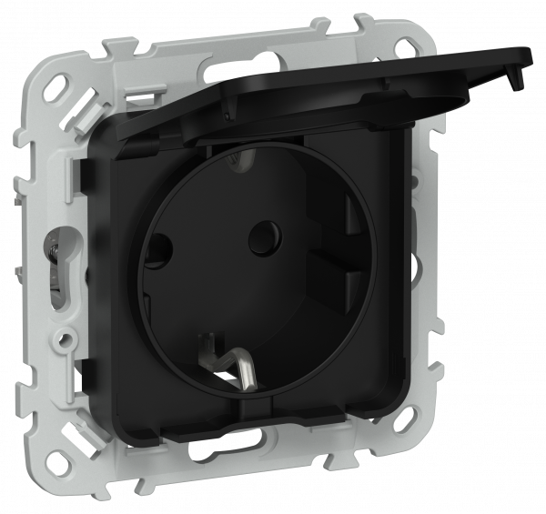 FLITE Розетка с заземлением с защитными шторками и крышкой безвинтовое крепление 16А IP44 РСшкр11-1-44-ФлЧ черный IEK