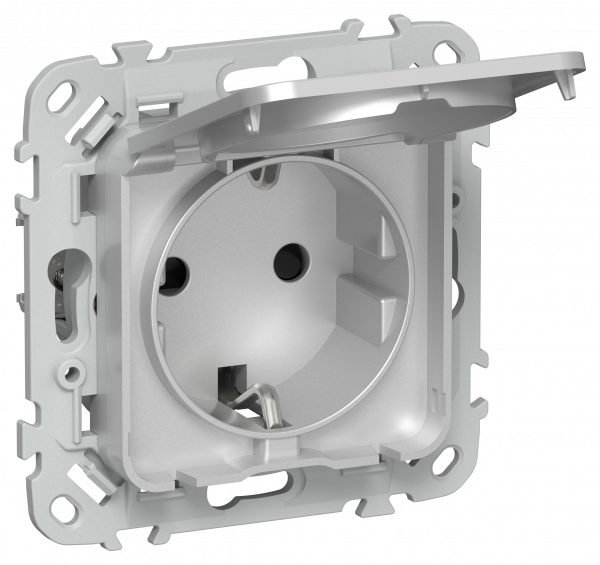 FLITE Розетка с заземлением с защитными шторками и крышкой безвинтовое крепление 16А IP44 РСшкр11-1-44-ФлА алюминий IEK