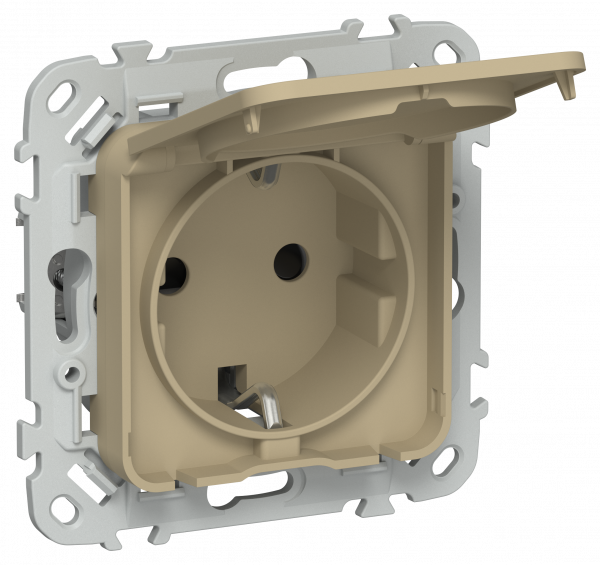 FLITE Розетка с заземлением с защитными шторками и крышкой безвинтовое крепление 16А IP44 РСшкр11-1-44-ФлХ хаки IEK