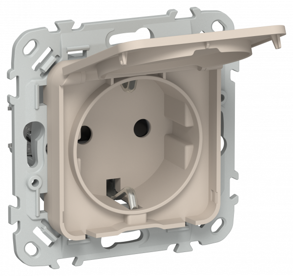 FLITE Розетка с заземлением с защитными шторками и крышкой безвинтовое крепление 16А IP44 РСшкр11-1-44-ФлЛ льняной IEK