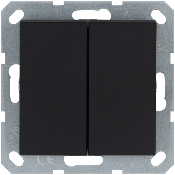 Выключатель двухклавишный проходной 10A 250V~ с накладкой, цвет черный матовый (soft touch)