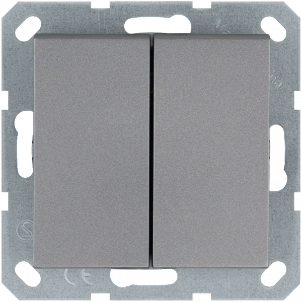 Выключатель двухклавишный 10A 250V~ с накладкой, цвет Алюминий