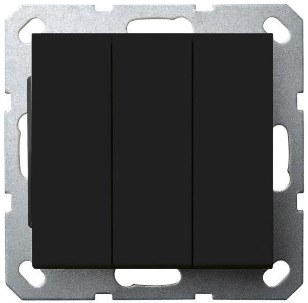 Выключатель трехклавишный 10A 250V~с накладкой, цвет черный матовый (soft touch)