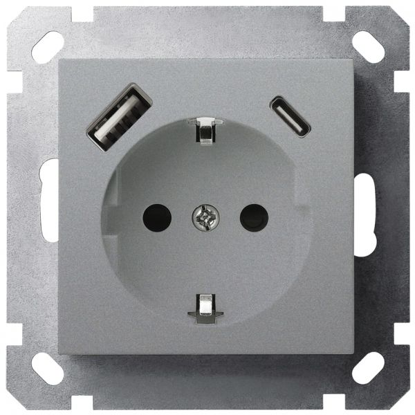 Розетка Schuko с USB A+C с защитными шторками 16A 250V~ 2P+T USB 25W, цвет Алюминий