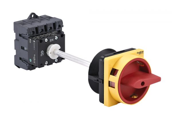 Выключатель-разъединитель 4P 63A IP20 С КРАСНОЙ ВЫНОСНОЙ РУКОЯТКОЙ НА ДИН-РЕЙКЕ/ПЛАТЬЕ С ЗАМКОМ