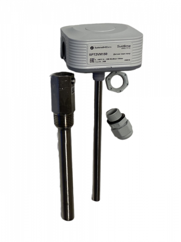 Датчик температуры погружной, 0...+100 град 0...10В RS485/Modbus 150мм ~24В±20%/=15...35В с гильзой 100мм