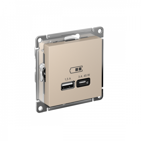 ATLASDESIGN USB РОЗЕТКА A + тип-C 45Вт высокоскор.заряд. QC,PD, механизм, ПЕСОЧНЫЙ
