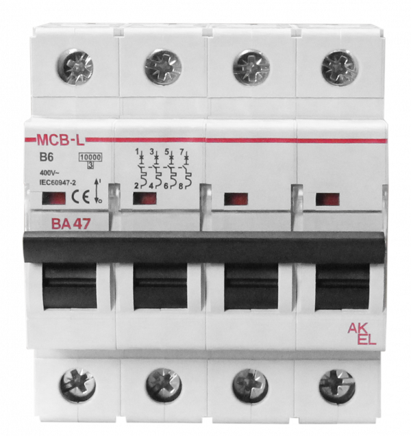 Выключатель автоматический ВА47-MCB-L-4P-B6-AC 4P/6A/B/10кА/230VAC/10кА/400VAC