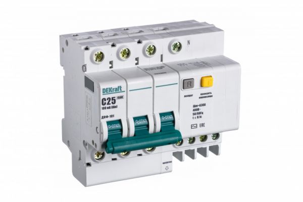 Автоматический выключатель дифференциального тока АВДТ встроенная защита от сверхтоков 3P+N 25А 100мА AC С ДИФ-101