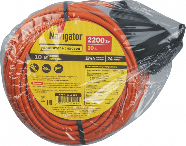 Удлинитель силовой NPE-C-10-X-2x1 шнур б/з 10м ПВС 2х1 2200 Вт IP44
