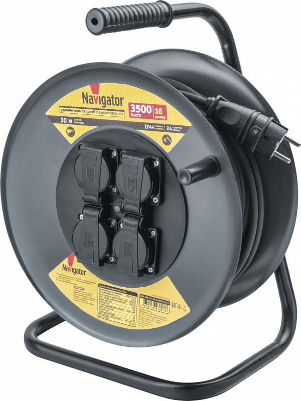 Удлинитель силовой NPE-RM-04-30-E-IP44-3x2.5 на металлической катушке с термовыключателем 4 гнезда c/з 30м КГ 3х2,5 3500 Вт IP44