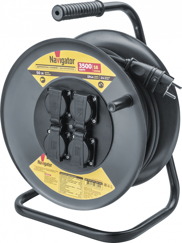 Удлинитель силовой NPE-RM-04-50-E-IP44-3x2.5 на металлической катушке с термовыключателем 4 гнезда c/з 50м КГ 3х2,5 3500 Вт IP44