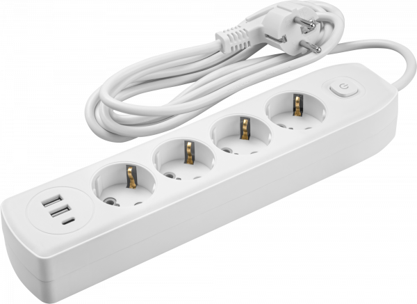 Удлинитель бытовой OPE-USB-04-180-ESC-3x1 с заземлением с выключателем 4 розетки 1,8м ПВС 3х1 2500Вт 2USB-A+USB-C, 2,4А