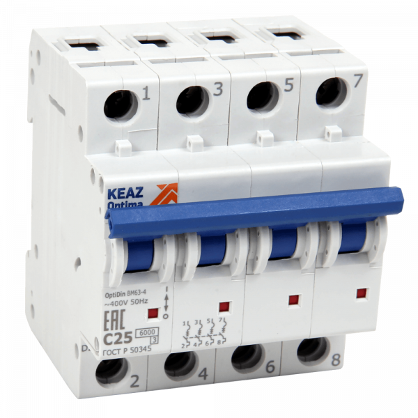 Выключатель автоматический четырехполюсный 25А N 6кА AC OptiDin BM63-4NC25-УХЛ3-РЕГ