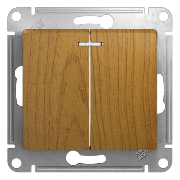 GLOSSA Выключатель двухклавишный с подсветкой сх.5а дуб в рамку