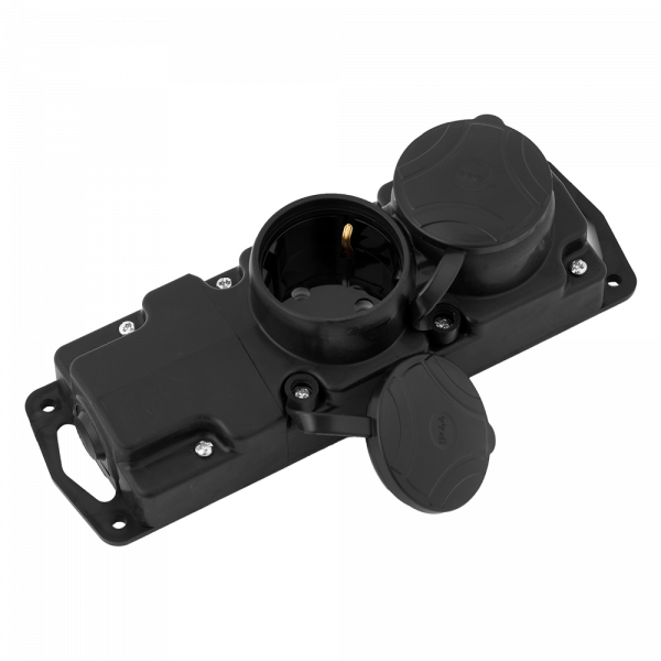 Розетка двойная переносная каучук с защитными крышками 2P+E 1х16А IP44