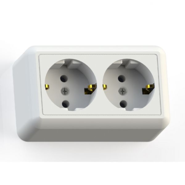 ОПТИМА Розетка открытой установки двухместная с заземляющим контактом, 16А РА16-374 белая