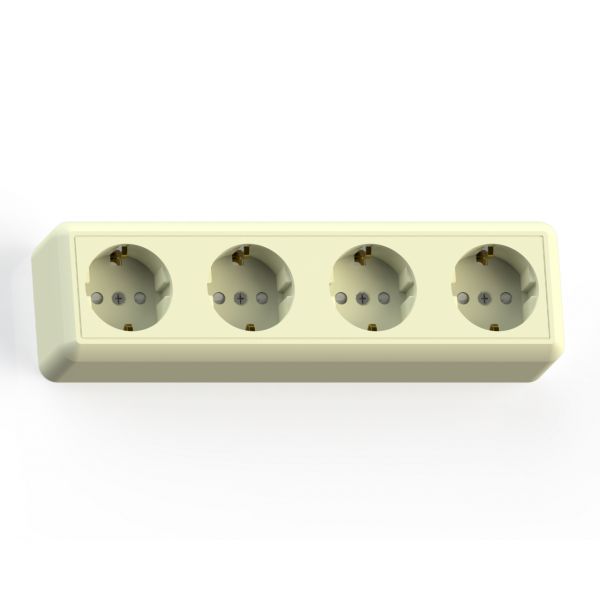 ОПТИМА Розетка открытой установки четырехместная с заземляющим контактом и защитной шторкой, 16А РА 16-403, слоновая кость