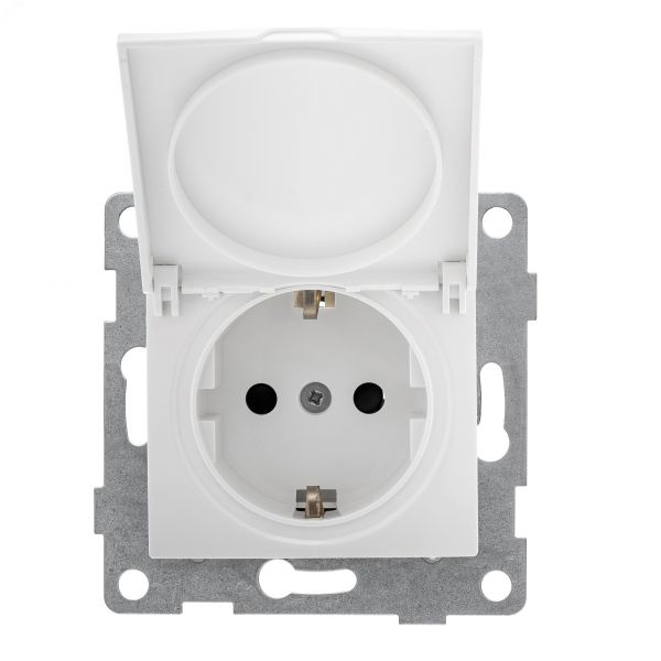 Розетка однопостовая Bravo с/з с з/ш и крышкой, механизм, 16А, 250В, белый