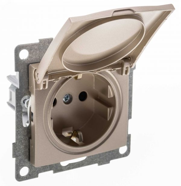 Розетка однопостовая Bravo с/з с з/ш и крышкой, механизм, 16А, 250В, шампань