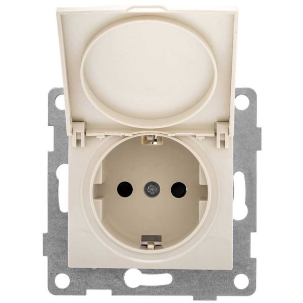 Розетка однопостовая Bravo с/з с з/ш и крышкой, в комплекте с кожухом IP44 К502, механизм, 16А, 250В, бежевый