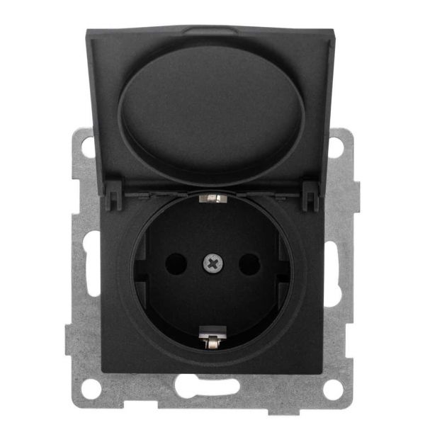 Розетка однопостовая Bravo с/з с з/ш и крышкой, в комплекте с кожухом IP44 К502, механизм, 16А, 250В, графит