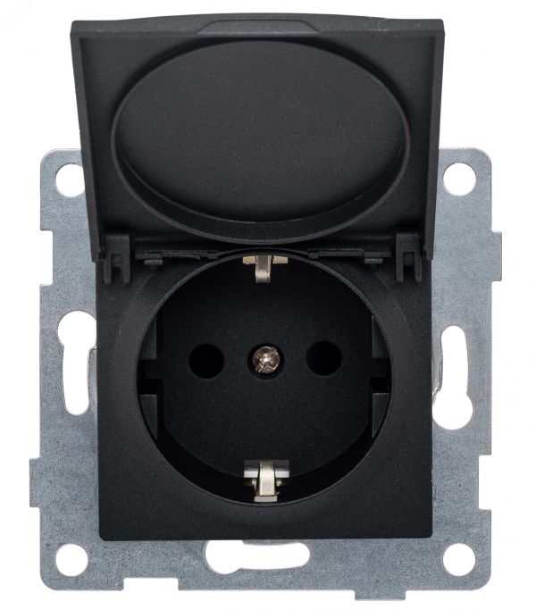 Розетка однопостовая Ugra с/з с з/ш и крышкой, механизм, 16А, 250В, графит