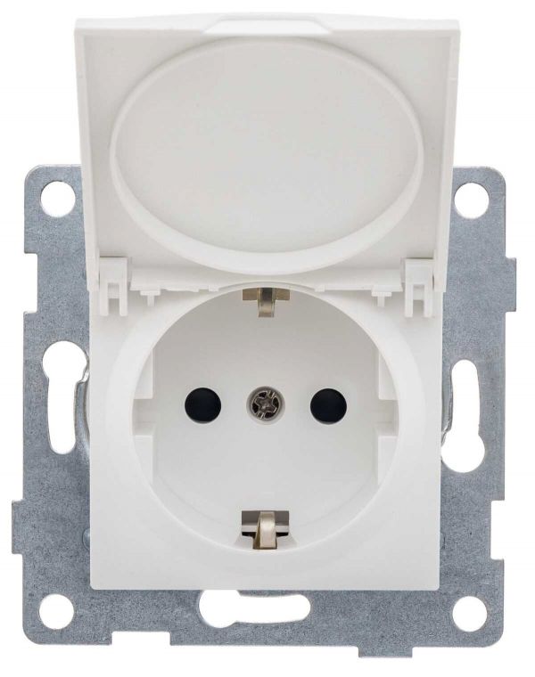 Розетка однопостовая Ugra с/з с з/ш и крышкой, механизм, в комплекте с кожухом IP44 К502, 16А, 250В, белый