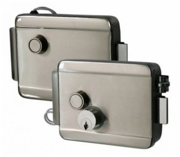 Замок накладной, НЗ, универсальный DIN, цилинр снаружи, кнопка изнутри, питание 12VDC/1А, -40град.+50град.С, нержавеющая сталь.