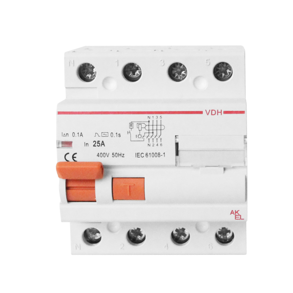 Устройство защитного отключения УЗО-VDH-4P-25A-100мА-Тип AC 4P/25A/AC/380VAC/100мА/10кА