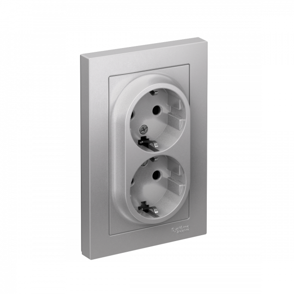 Розетка ATLASDESIGN двойная с заземлением со шторками 16А в сборе алюминий