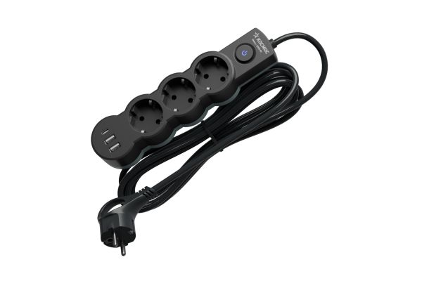 Удлинитель 1.5м. ПВС 3х1. 3 гнезда. зазем. выкл. USB. 10А 2800Вт. черный