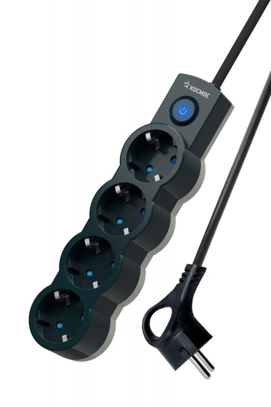 Удлинитель 3м, ПВС 3х0.75 4 гнезда, заземление, выключатель 10А черный