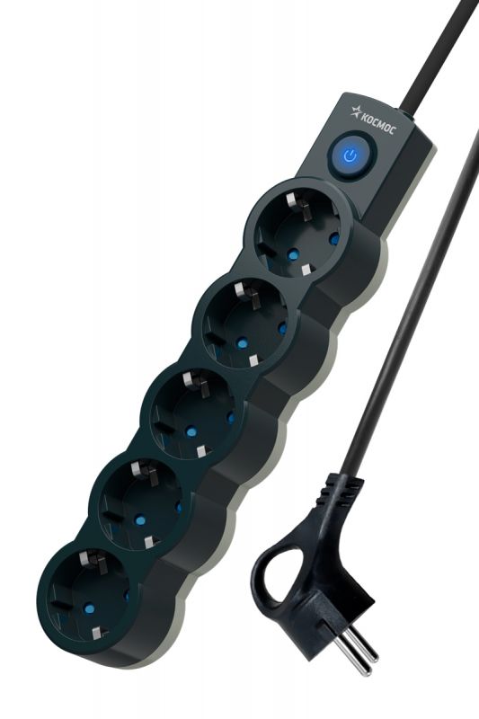 Удлинитель 3м, ПВС 3х0.75 5 гнезд, заземление, выключатель 10А черный